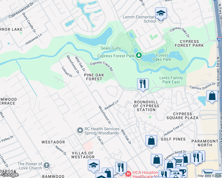 map of restaurants, bars, coffee shops, grocery stores, and more near 18001 Cypress Trace Road in Houston