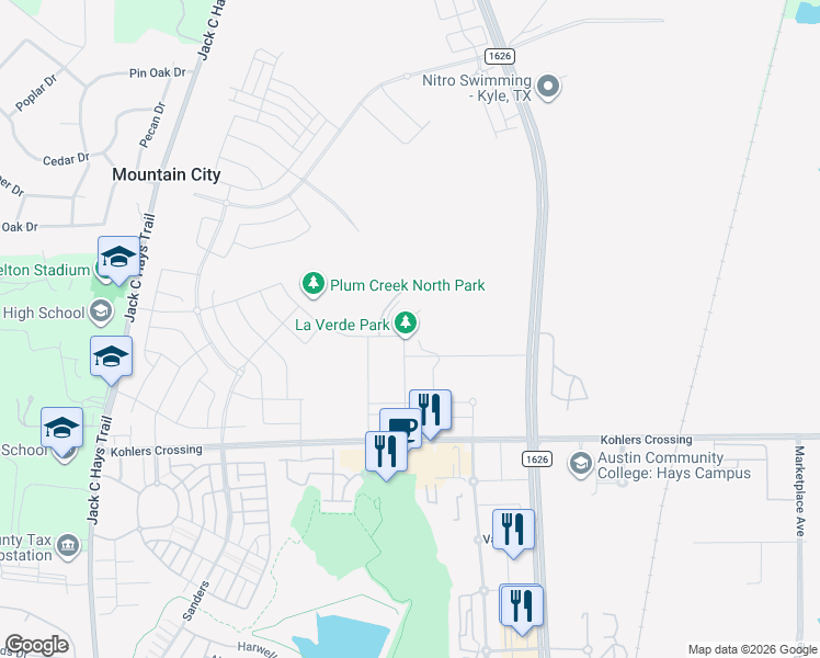 map of restaurants, bars, coffee shops, grocery stores, and more near 3875 Burnham in Kyle
