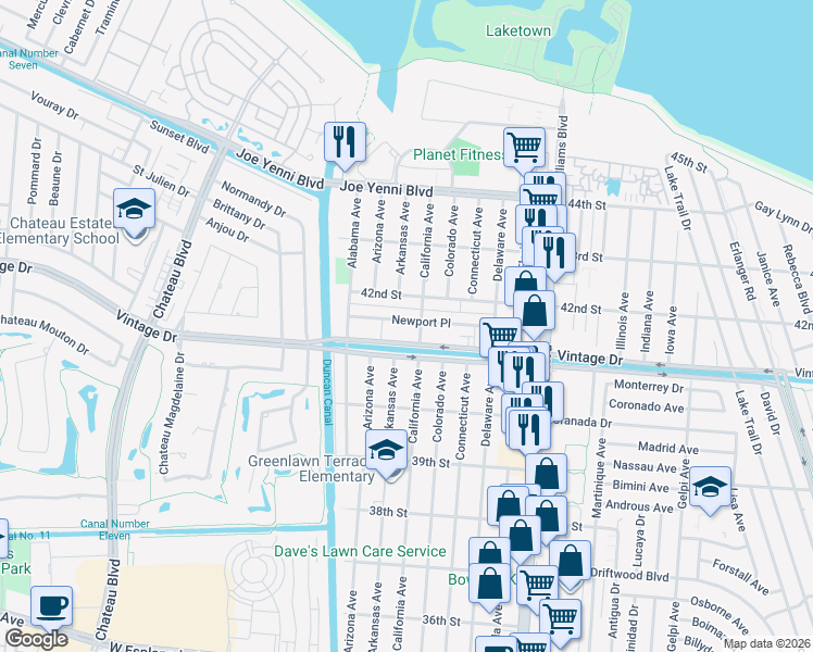 map of restaurants, bars, coffee shops, grocery stores, and more near 1635 Newport Place in Kenner