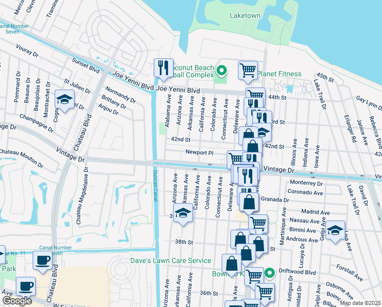 map of restaurants, bars, coffee shops, grocery stores, and more near 1628 Vintage Drive in Kenner