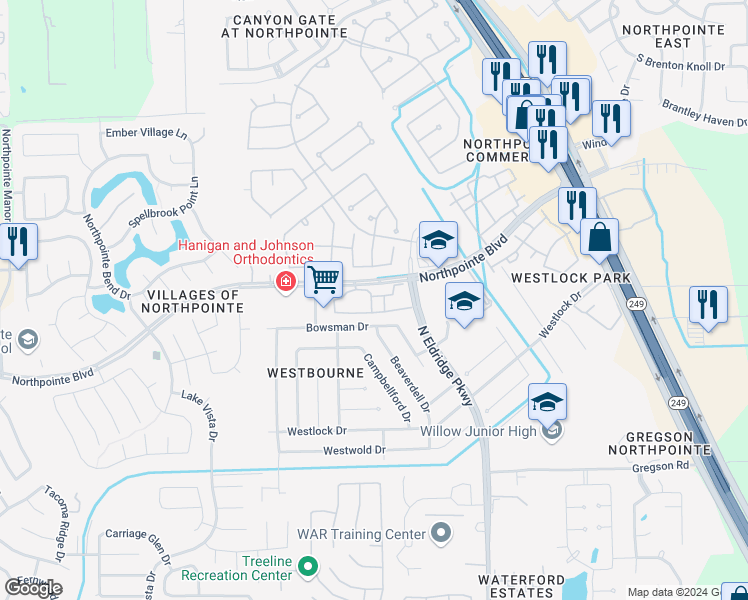 map of restaurants, bars, coffee shops, grocery stores, and more near 12102 Northpointe Boulevard in Tomball