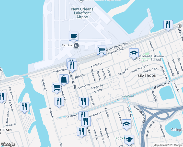 map of restaurants, bars, coffee shops, grocery stores, and more near 7811 Shubert Street in New Orleans