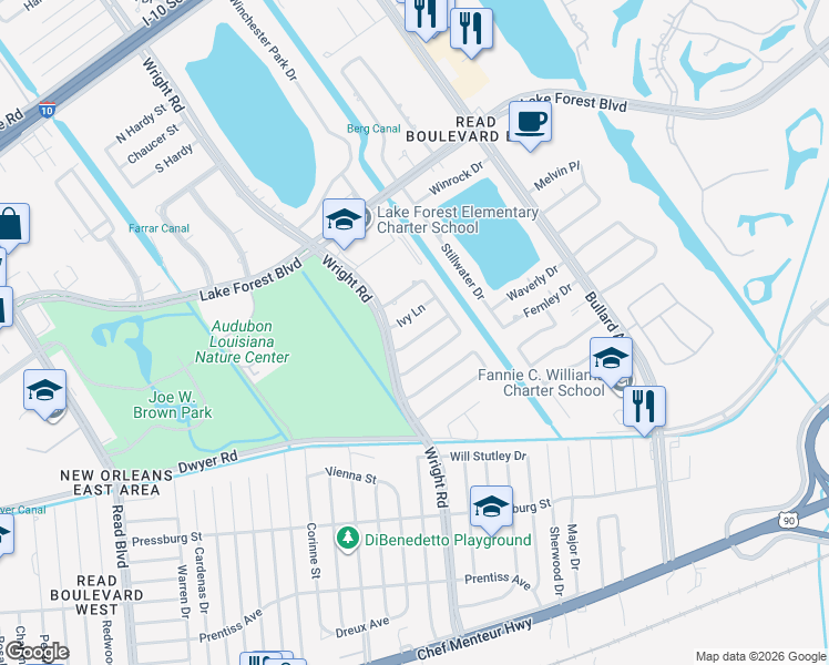 map of restaurants, bars, coffee shops, grocery stores, and more near 1110 Woodvine Lane in New Orleans