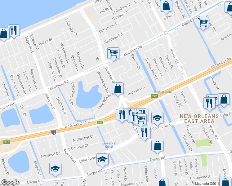 map of restaurants, bars, coffee shops, grocery stores, and more near 6718 Lake Willow Drive in New Orleans