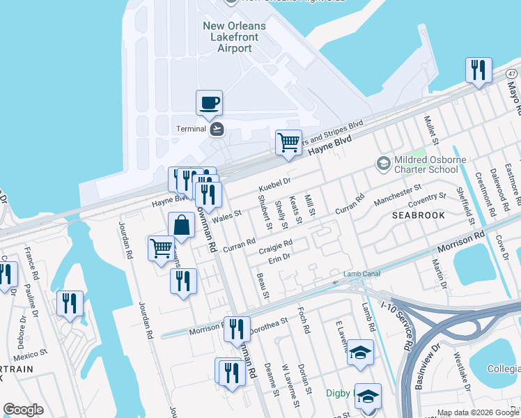 map of restaurants, bars, coffee shops, grocery stores, and more near 7811 Shubert Street in New Orleans
