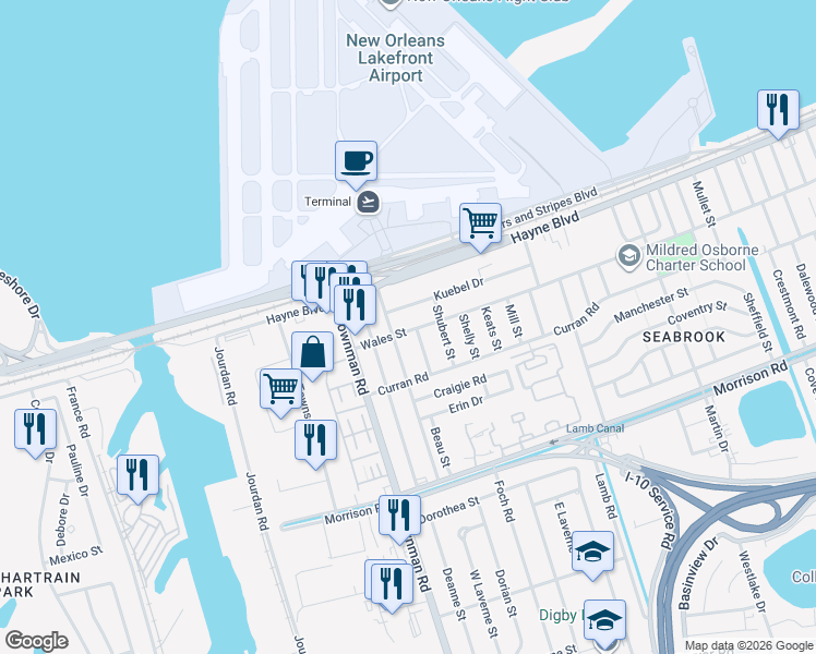 map of restaurants, bars, coffee shops, grocery stores, and more near 7830 Swift Street in New Orleans