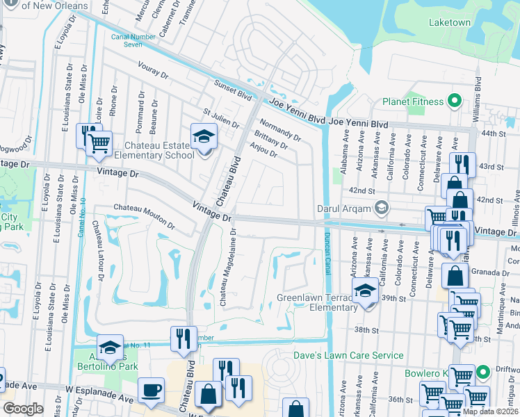 map of restaurants, bars, coffee shops, grocery stores, and more near 1216 Vintage Drive in Kenner