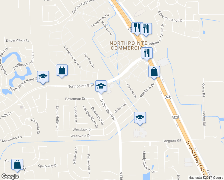 map of restaurants, bars, coffee shops, grocery stores, and more near 12201 Northpointe Boulevard in Tomball