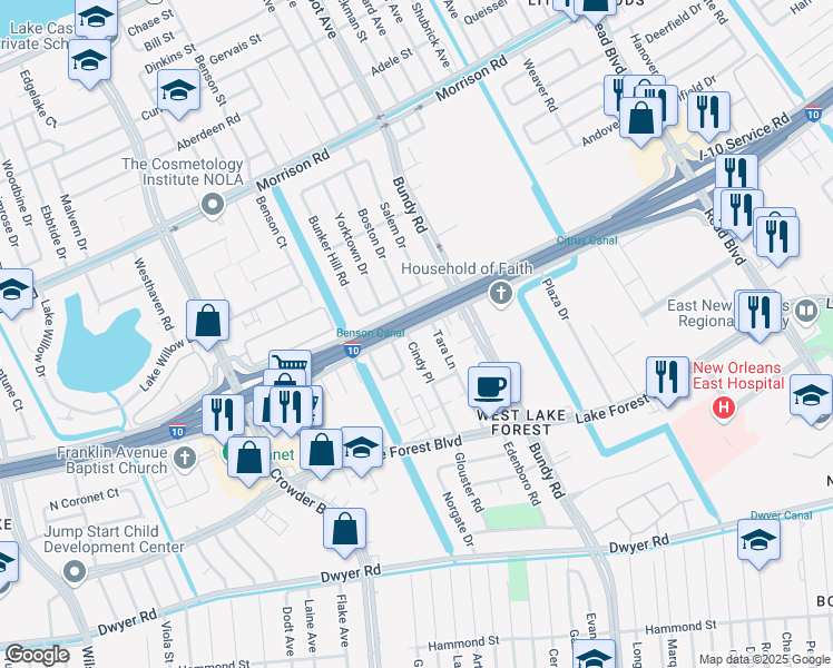 map of restaurants, bars, coffee shops, grocery stores, and more near 6873 Cindy Place in New Orleans