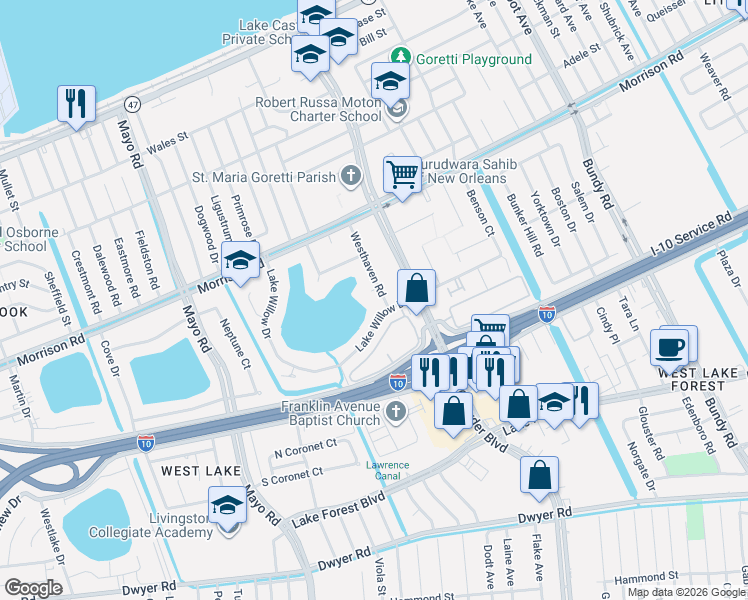 map of restaurants, bars, coffee shops, grocery stores, and more near 6741 Lake Willow Drive in New Orleans