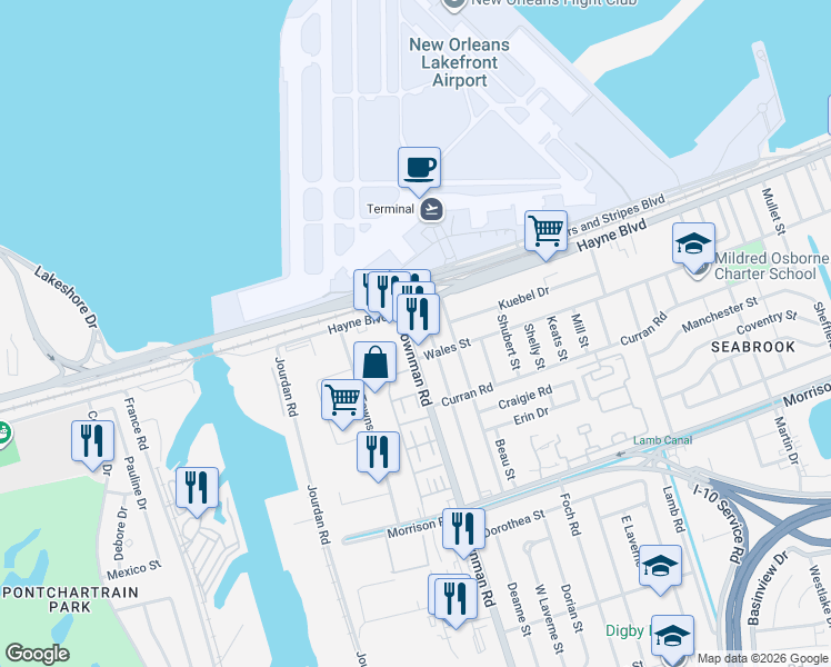 map of restaurants, bars, coffee shops, grocery stores, and more near 7910 Downman Road in New Orleans