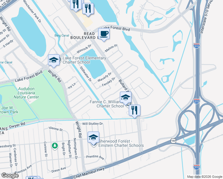 map of restaurants, bars, coffee shops, grocery stores, and more near 11265 Notaway Lane in New Orleans