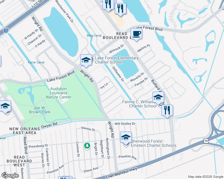 map of restaurants, bars, coffee shops, grocery stores, and more near 11211 South Idlewood Court in New Orleans