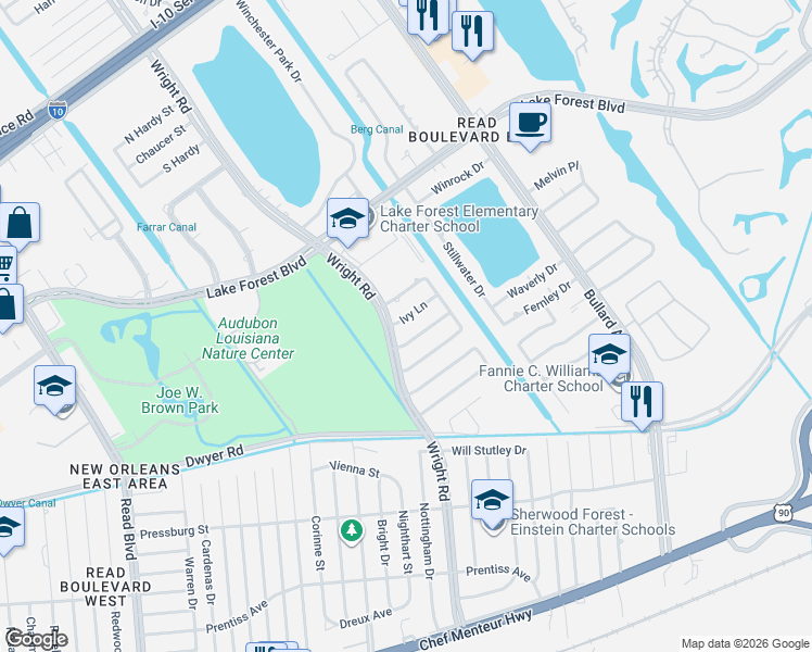 map of restaurants, bars, coffee shops, grocery stores, and more near 1110 Woodvine Lane in New Orleans