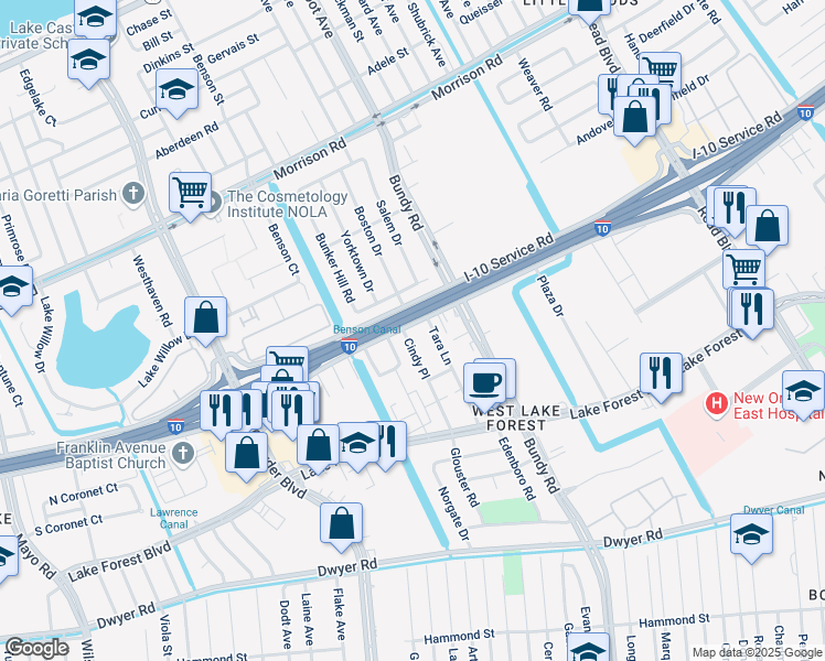 map of restaurants, bars, coffee shops, grocery stores, and more near 6873 Cindy Place in New Orleans
