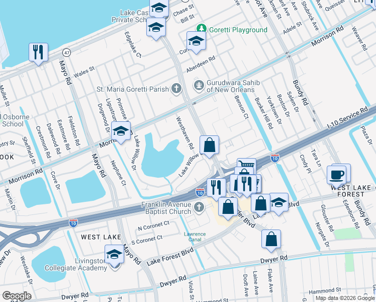 map of restaurants, bars, coffee shops, grocery stores, and more near 6741 Lake Willow Drive in New Orleans