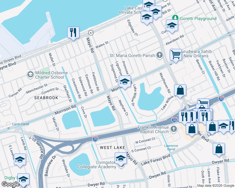 map of restaurants, bars, coffee shops, grocery stores, and more near 7121 Neptune Court in New Orleans