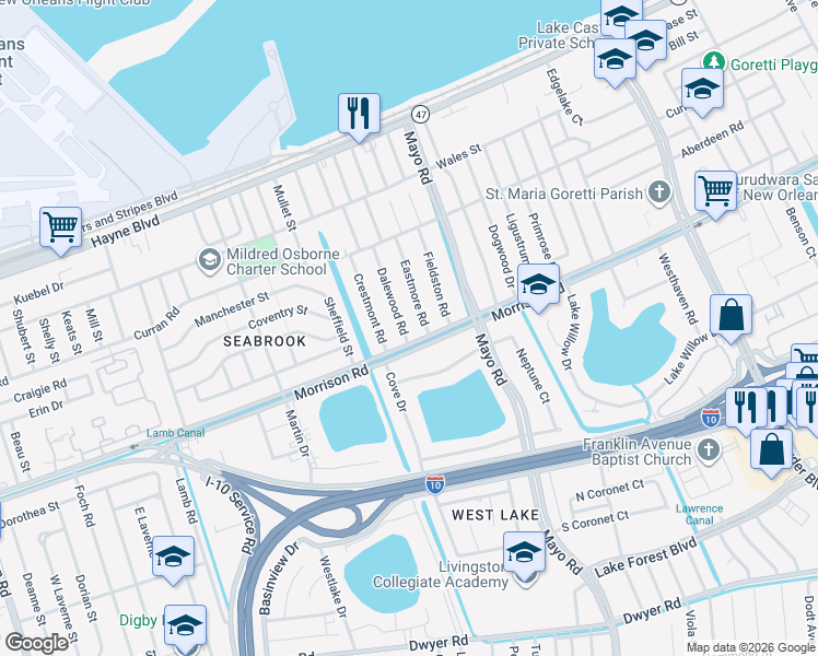 map of restaurants, bars, coffee shops, grocery stores, and more near 7301 Morrison Road in New Orleans