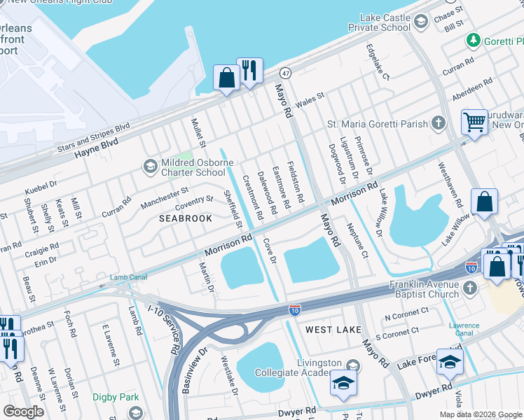 map of restaurants, bars, coffee shops, grocery stores, and more near 7320 Crestmont Road in New Orleans