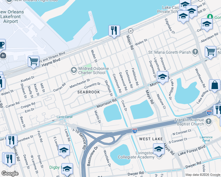 map of restaurants, bars, coffee shops, grocery stores, and more near 7021 Bamberry Street in New Orleans