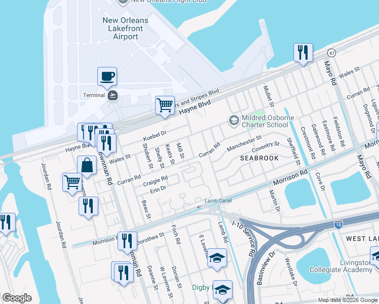 map of restaurants, bars, coffee shops, grocery stores, and more near 7701 Mill Street in New Orleans