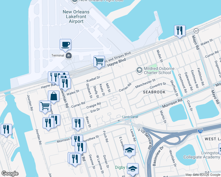 map of restaurants, bars, coffee shops, grocery stores, and more near 7701 Mill Street in New Orleans