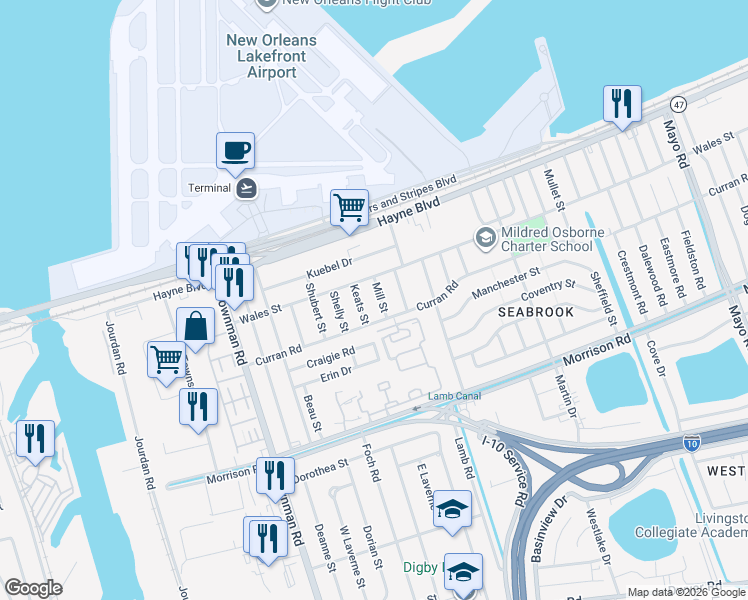 map of restaurants, bars, coffee shops, grocery stores, and more near 7701 Mill Street in New Orleans