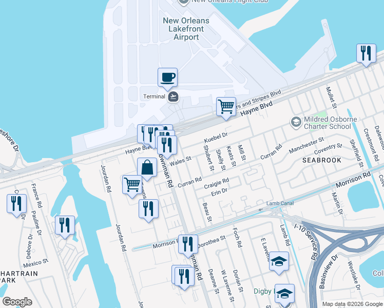 map of restaurants, bars, coffee shops, grocery stores, and more near 7830 Swift Street in New Orleans