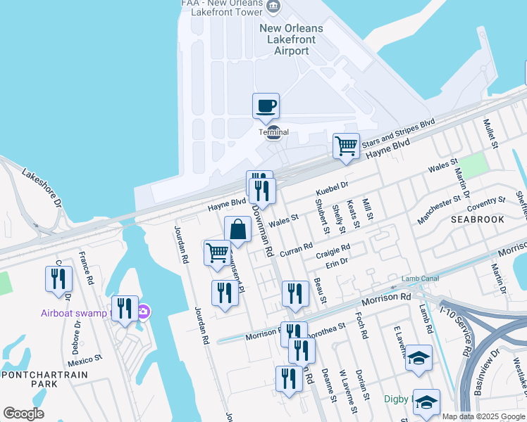 map of restaurants, bars, coffee shops, grocery stores, and more near 7910 Downman Road in New Orleans