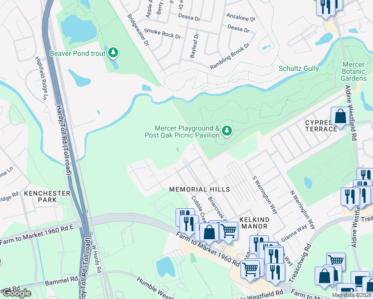 map of restaurants, bars, coffee shops, grocery stores, and more near 21507 Old Ranch Road in Houston