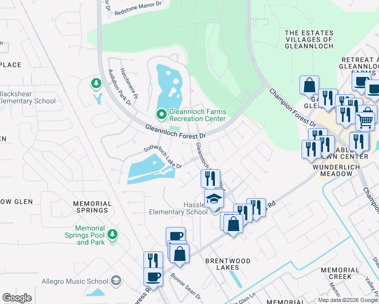 map of restaurants, bars, coffee shops, grocery stores, and more near 1311 Cardigan Bay Circle in Spring