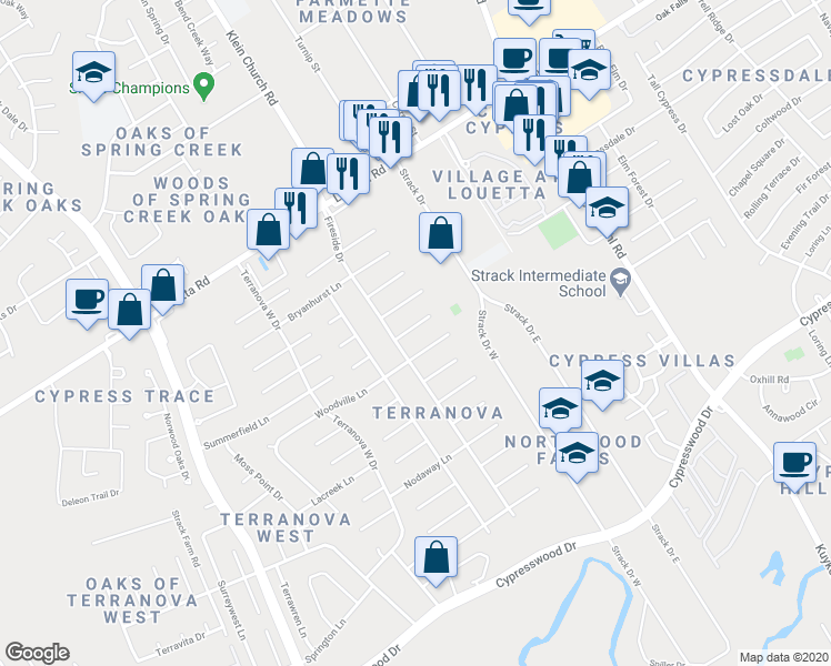 map of restaurants, bars, coffee shops, grocery stores, and more near 5219 Summerfield Lane in Spring