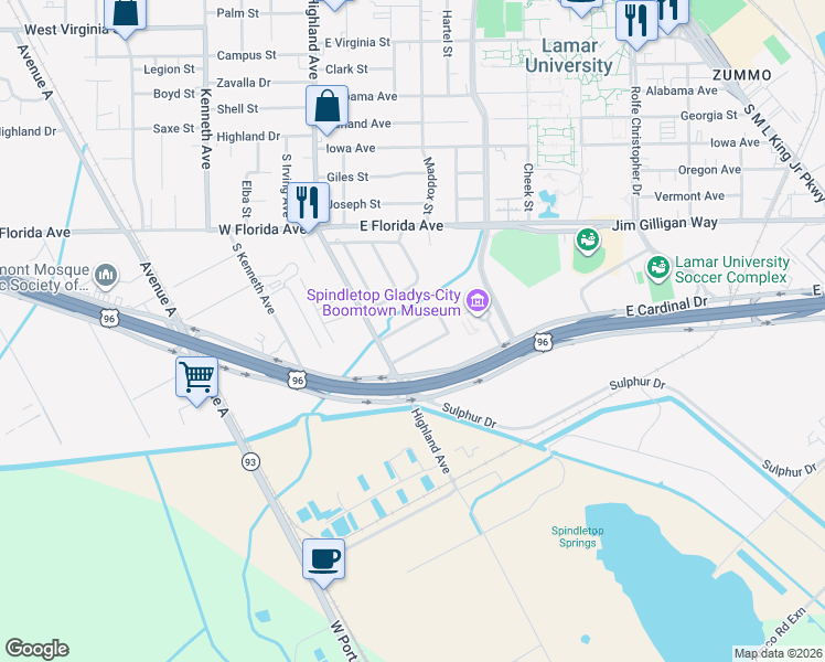 map of restaurants, bars, coffee shops, grocery stores, and more near 215 Charlotte Drive in Beaumont
