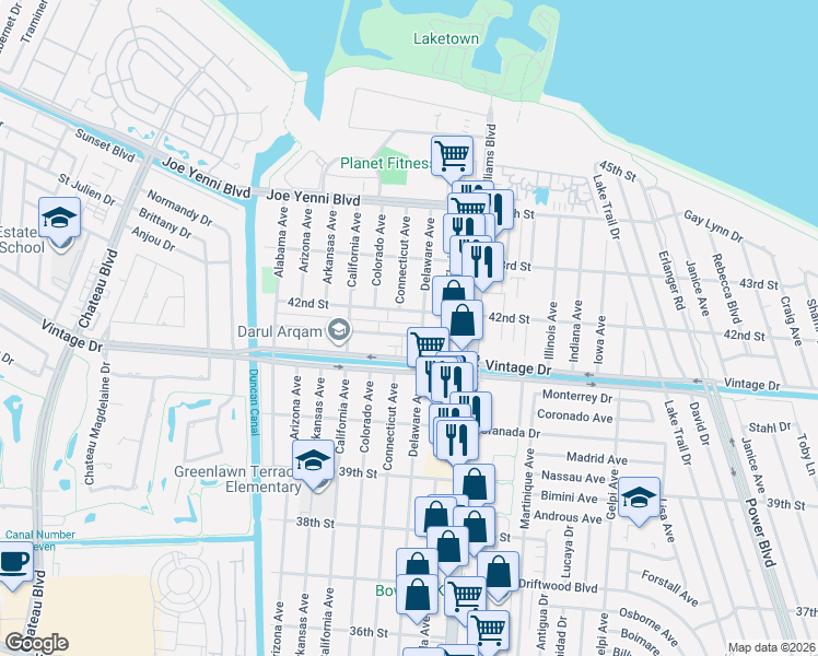 map of restaurants, bars, coffee shops, grocery stores, and more near 1736 Vintage Drive in Kenner