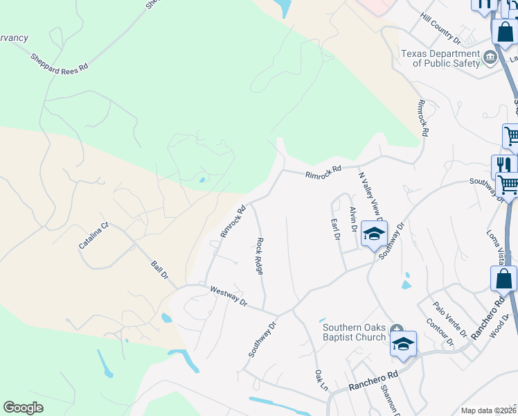 map of restaurants, bars, coffee shops, grocery stores, and more near 344 Rockridge Street in Kerrville