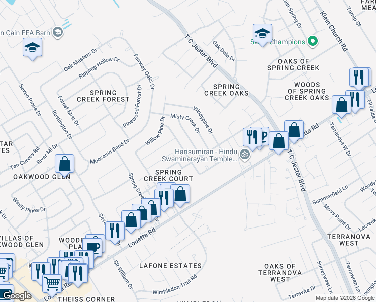 map of restaurants, bars, coffee shops, grocery stores, and more near 16902 Butteroak Drive in Spring