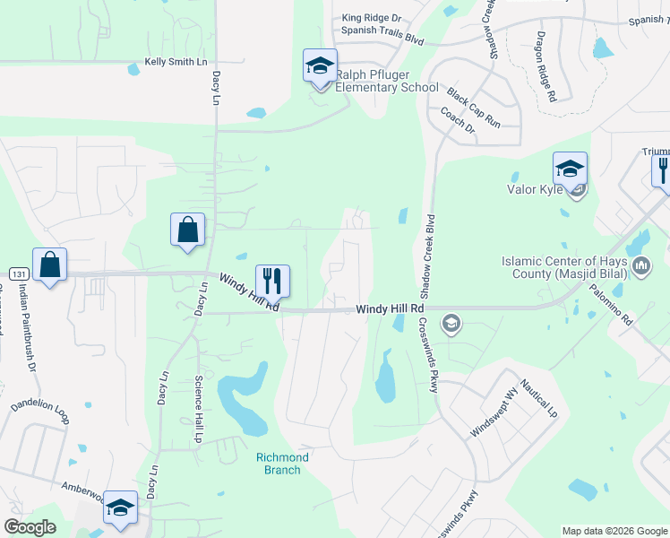 map of restaurants, bars, coffee shops, grocery stores, and more near 1601 Windy Hill Rd in Kyle