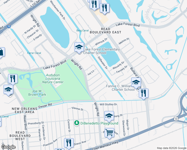 map of restaurants, bars, coffee shops, grocery stores, and more near 11211 South Idlewood Court in New Orleans