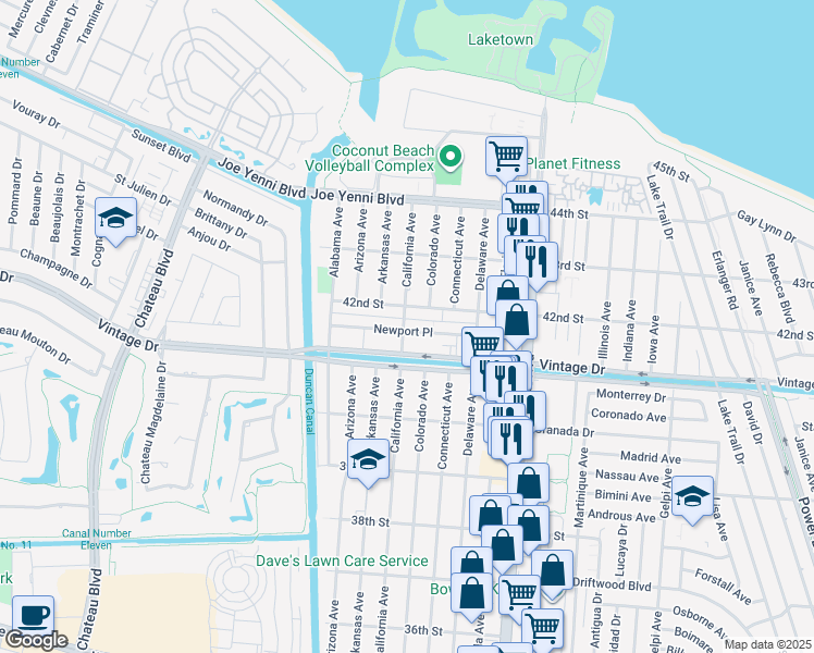 map of restaurants, bars, coffee shops, grocery stores, and more near 1700 Vintage Drive in Kenner