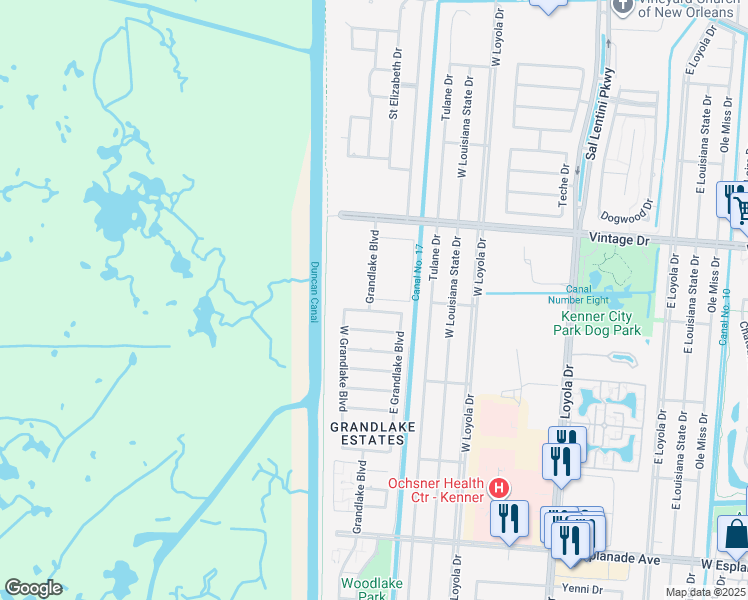 map of restaurants, bars, coffee shops, grocery stores, and more near 9 Maurepas Lane in Kenner