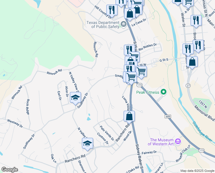 map of restaurants, bars, coffee shops, grocery stores, and more near 328 Loma Vista Drive in Kerrville