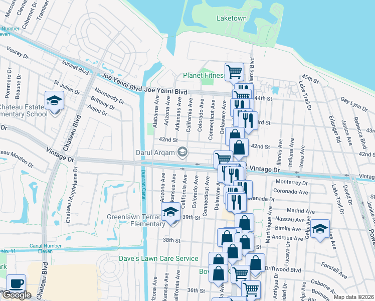 map of restaurants, bars, coffee shops, grocery stores, and more near 1700 Vintage Drive in Kenner