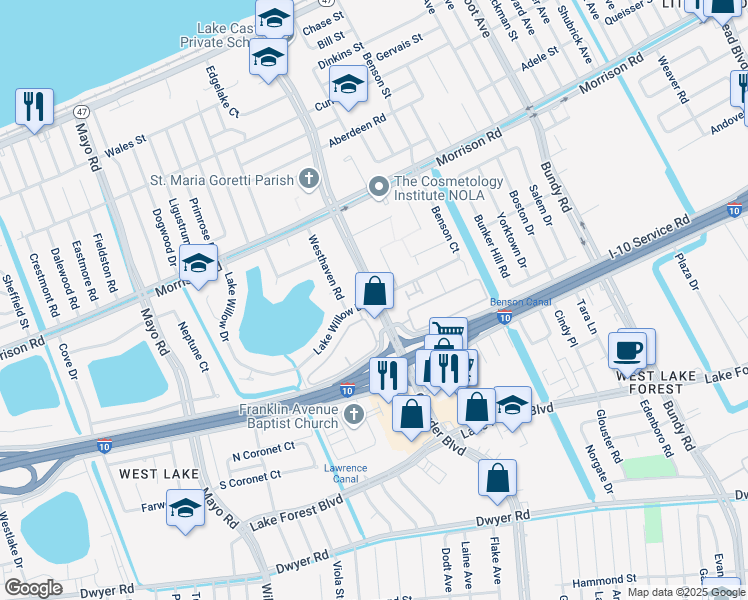 map of restaurants, bars, coffee shops, grocery stores, and more near Crowder Blvd & Lake Willow Dr in New Orleans
