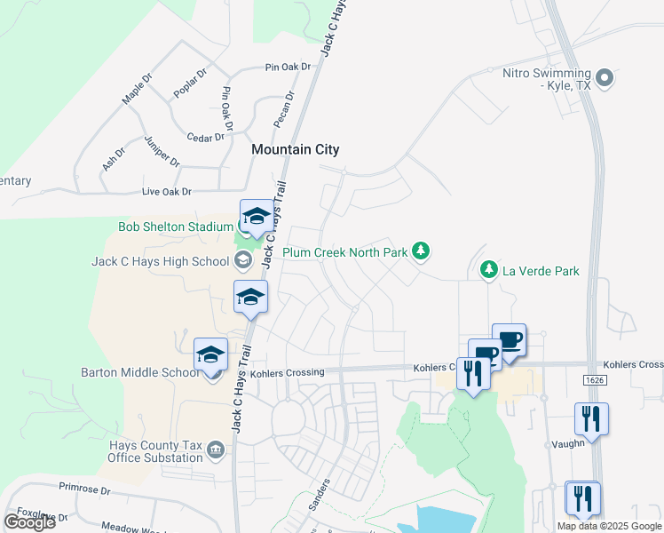 map of restaurants, bars, coffee shops, grocery stores, and more near 210 Barcelona in Kyle