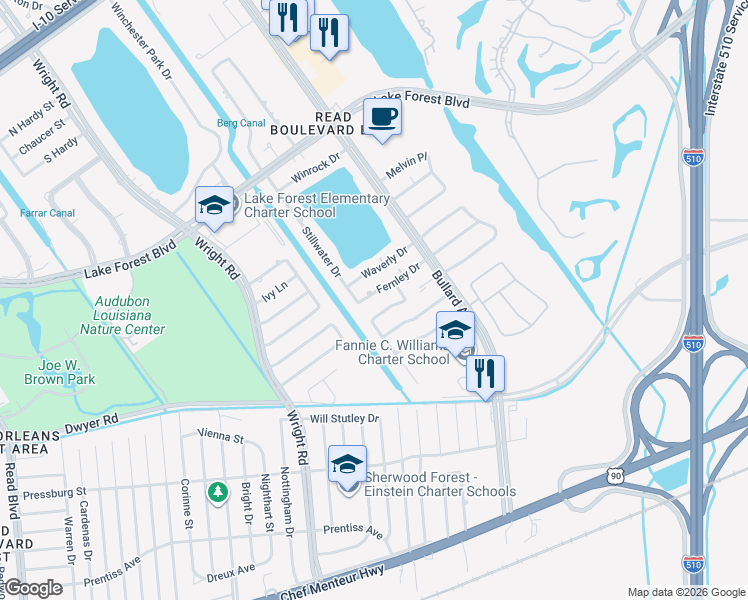 map of restaurants, bars, coffee shops, grocery stores, and more near 11260 Waverly Drive in New Orleans