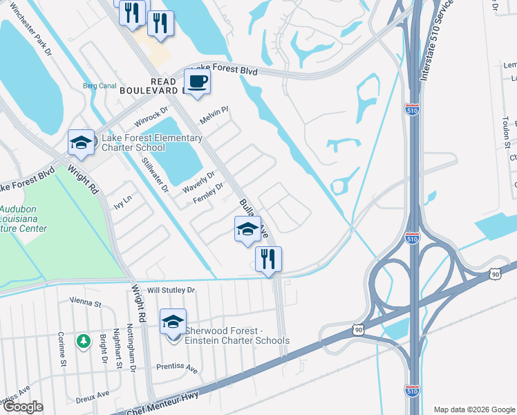 map of restaurants, bars, coffee shops, grocery stores, and more near 11405 Saint Andrews Circle in New Orleans