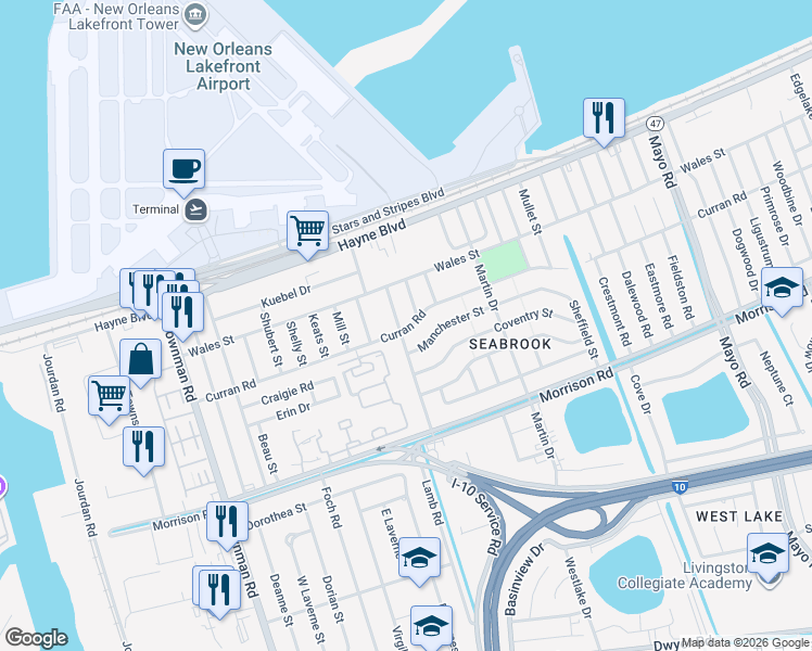 map of restaurants, bars, coffee shops, grocery stores, and more near 7810 New Castle Street in New Orleans