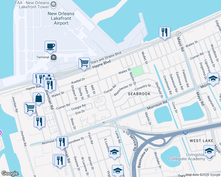 map of restaurants, bars, coffee shops, grocery stores, and more near 7810 New Castle Street in New Orleans