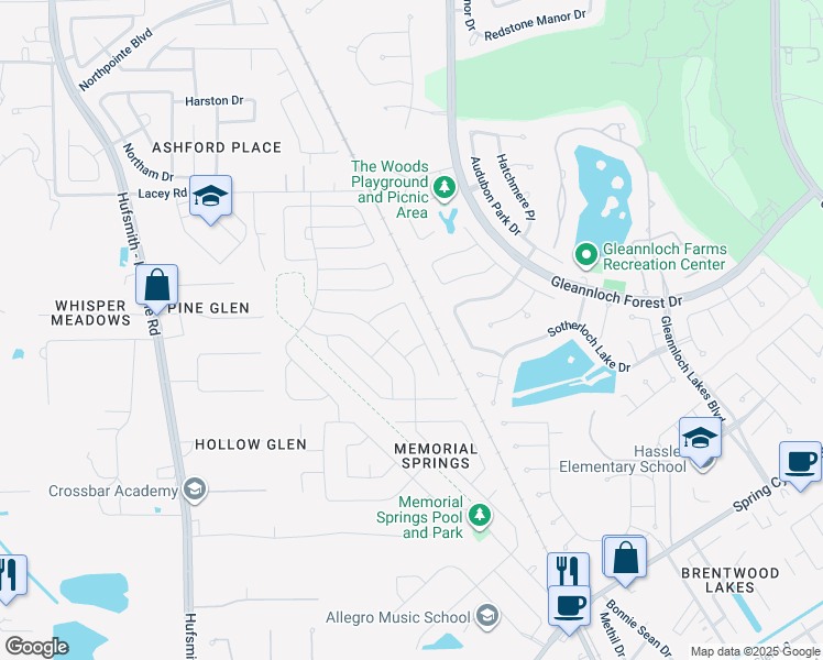 map of restaurants, bars, coffee shops, grocery stores, and more near 18415 Madisons Crossing Lane in Tomball