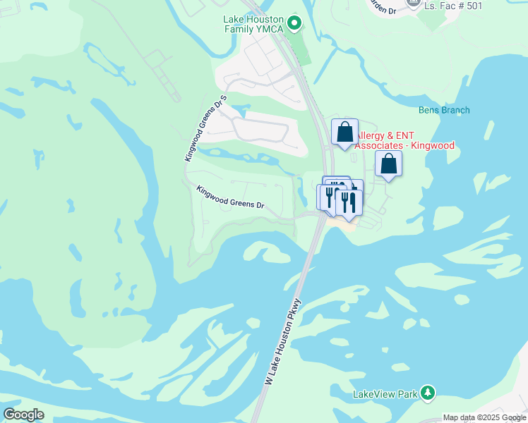 map of restaurants, bars, coffee shops, grocery stores, and more near 27 Kingwood Greens Drive in Humble